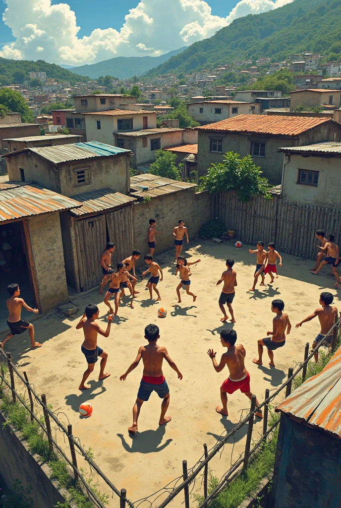 children play football in a poor neighborhood, favela