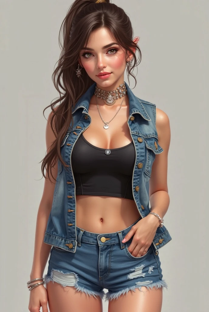 Caucasian woman; (((black hair))), (wavy hair), ((long hair)), hair parted in the middle; (((blue eyes))), ((lined eyes)), ((highlight blue eyes)), shiny eyes; (eyes with reflection), ((red lipstick)), (((lips with gloss))), makeup; smile, ((athletic body)), ((medium breasts)), ((nipples)), (((legs))); ((very low-cut top)), (((blue top))), ((blue jeans)), open jacket, ((black jacket)); earrings, necklace, bracelets; ((walking in luxury mall)); ((realistic)), cinematic lighting, bokeh, edge lighting, Backlit; side shot.