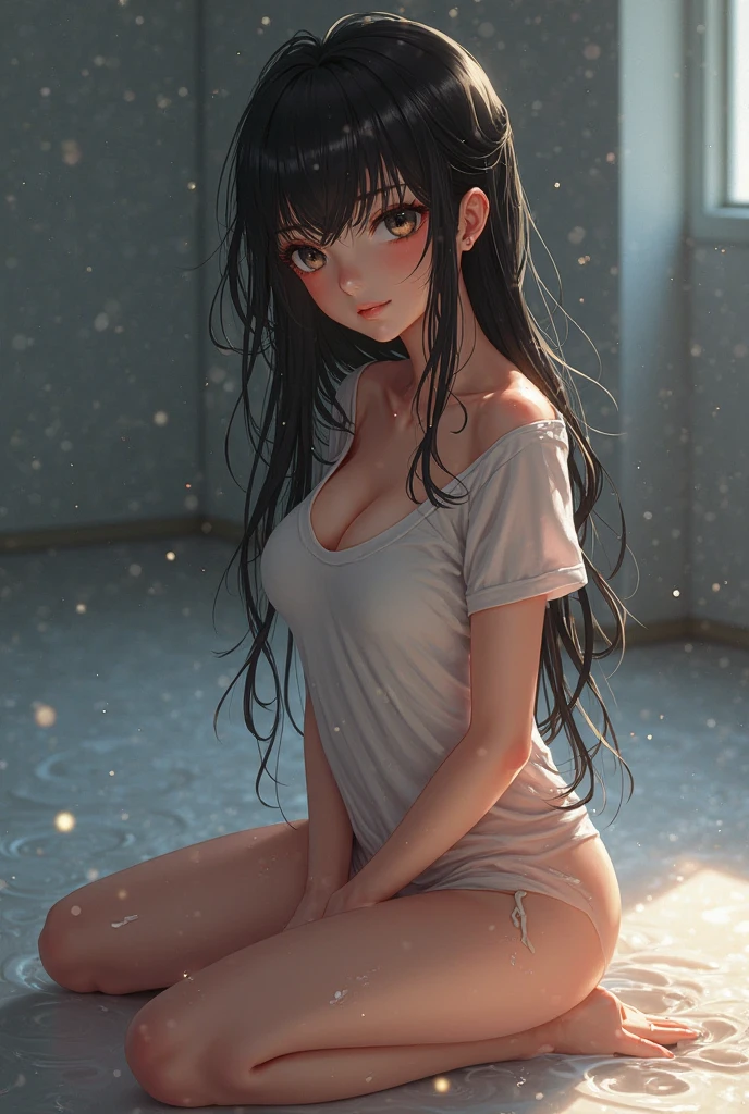 (masterpiece,Highest quality:1.3,best quality illustration),cowboy shot,1woman,25 year old Japanese beauty、black hair,long hair,bangs,black eyes,gorgeous eyes,((very small head:1.3)),shy,((very long body:1.2)),medium breasts,(tan skin, gleaming skin,toned body,slender body, skinny),sweat,(White cloth on chest、navel、White brown),kneeling,Japanese-style room、Tatami floor、