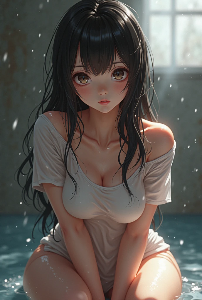 (((Masterpiece))), (portrait), Ayaka, diffused light, dynamic shadows, sharp focus, realistic, detailed, highres, absurdres, white background, (boobsqueeze), looking to the side, v arms, t-shirt, no bra, photorealistic, lifelike, wet
