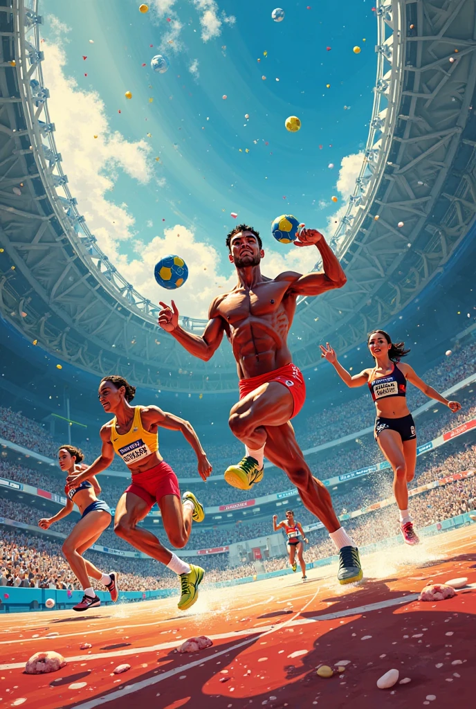 Create an image with physics formulas with the Olympic games
