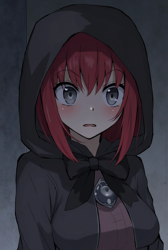 1girl like little red hat, solo, chain, glowing, glowing_eyes, hood, looking_at_viewer, hood_up, purple_eyes, short_hair, upper_body, tears