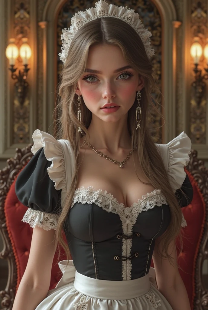 Masterpiece, best quality, 1_woman, (Caucasian skin_complexion) long double hair braids, dark red hair, diamond shaped eyes, , large_bust, chest window, cleavage double button breast, long dark red silver trim, black tights, (fancy ballgown dress), small waist