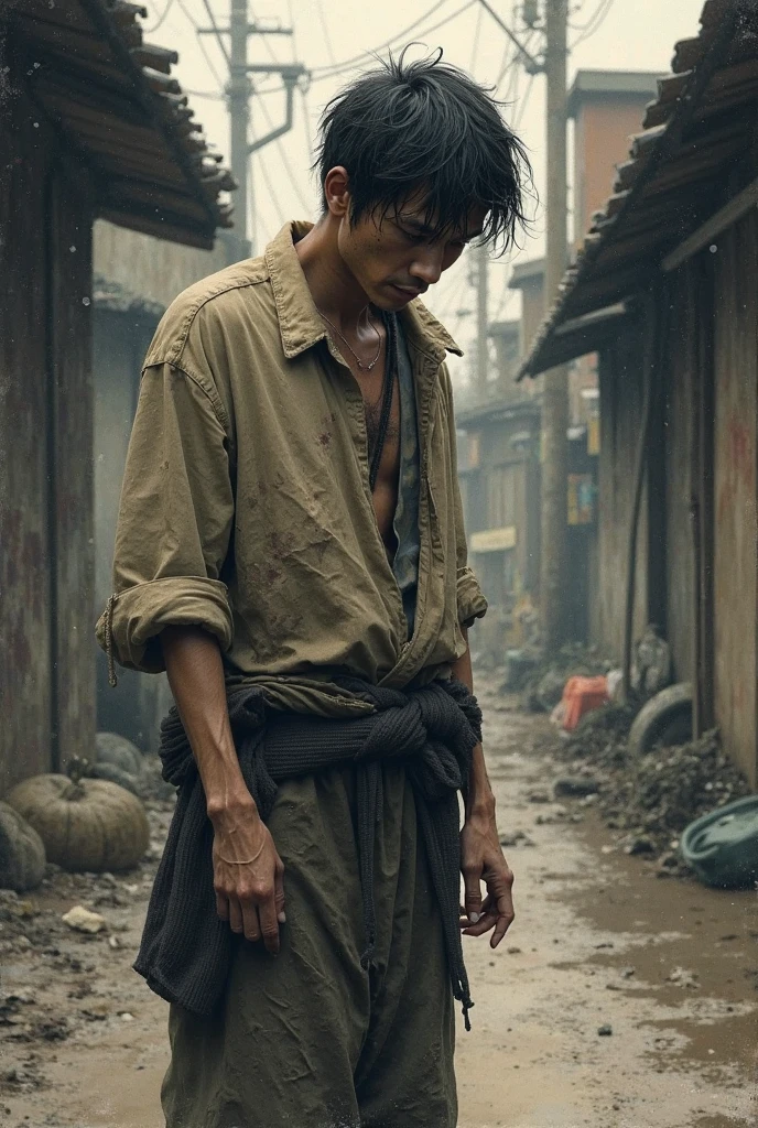 Survivor boy, dirty and with wounds