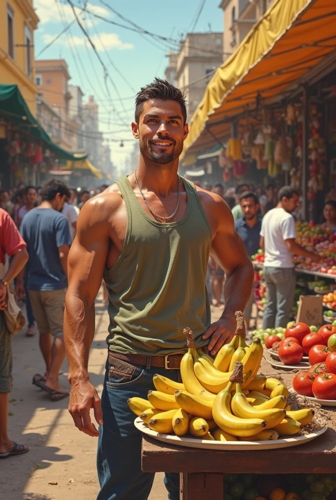 Fruit display In the background, market, market display In the background, vegetable display In the background, very hairy armpits, hairy pubic, hairy crotch, hairy body, In the charming picture there is a handsome Chinese 17 years old boy with his big bulge, muscular body, background in the sky has big bold sun,  His charm radiated as he proudly showed off his sweaty very hairy armpits in a full standing pose.. He wore a white sexy thong, that highlighted his figure, He stood in the middle of the crowded traditional market environment., Bathed in the golden light of a beautiful day. With unparalleled attention to detail., This photorealistic portrait combines the style of National Geographic., Capture every detail of his textured skin in 8k resolution. Leica digital SLR camera. His features were clearly visible., From the deep-set eyes to the chiselled jawline., Make this image a true masterpiece..Lift. (8K UHD、RAW Photography、Photorealistic Portrait Leica Digital SLR、Lifelike images), big bulge in his very thin thong