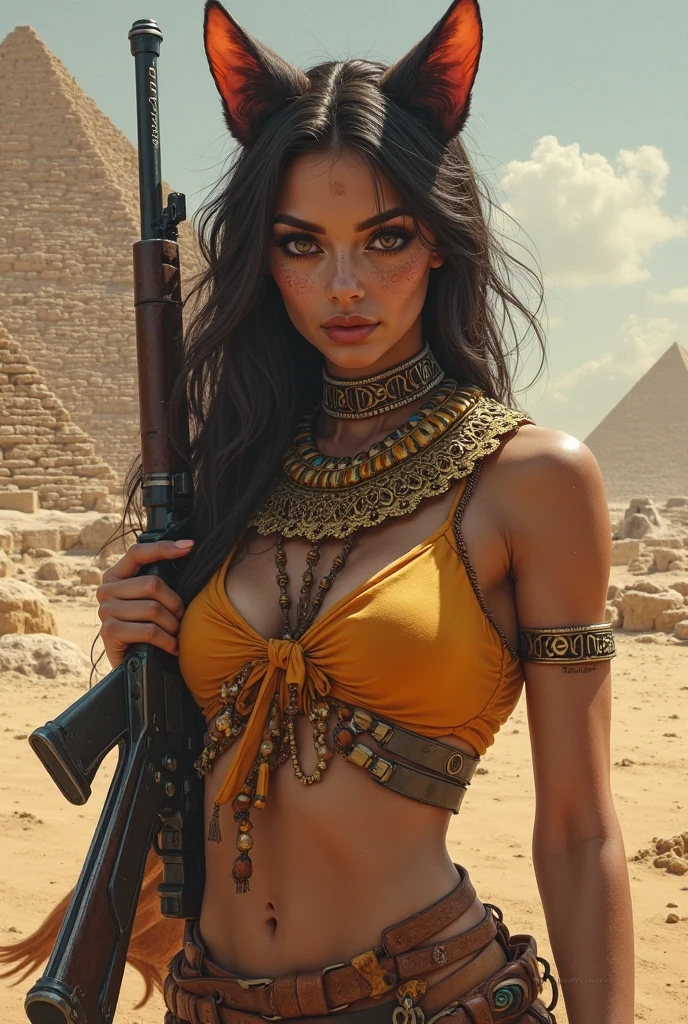 Gere uma imagem da personagem Mara, also known as 'Mara Death Dealer', do jogo Call of Duty: Guerra moderna.  corpo inteiro, fisionomia cruel, micro bikini, Detalhes em ouro, na praia, sol poente, palmeiras, corpo escultural, flowing hair, ((metralhadoras, Granadas, gold accessories)),