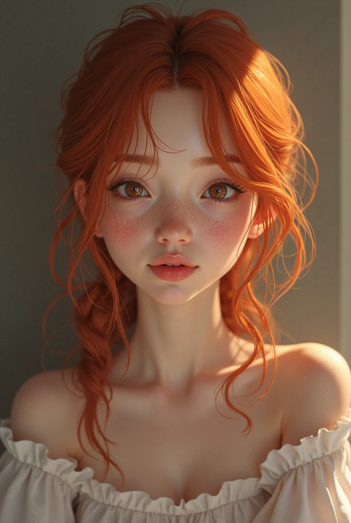 hoto,8k,sharp focus,beautiful woman,close up,t-shirt,(detailed eyes:0.8),(looking at the camera:1.4),(highest quality),(best shadow),brown eyes,rim lighting,two tone lighting,dimly lit,low key,intricate details,interior,ponytails,ginger hair:1.3, freckles