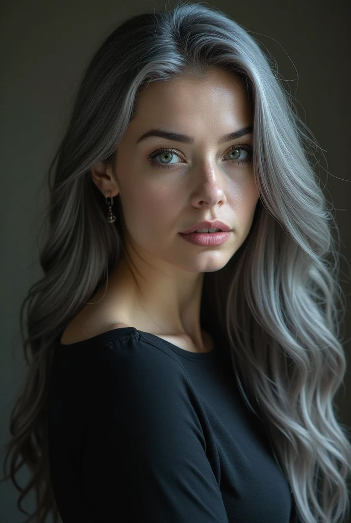 Long smooth dark gray hair, the tips tend to silver when illuminated
Honey gray eyes, cold but full of stories
Smooth and white skin, often reflecting an aura of mystery
Slim and elegant figure, her steps are calm but confident