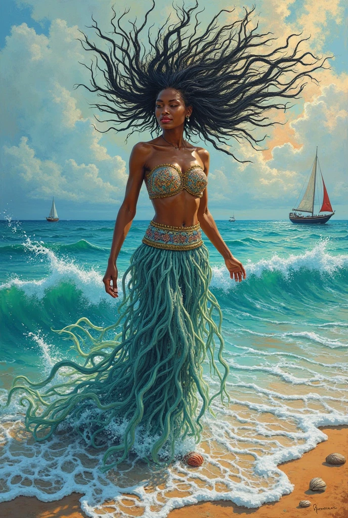 A visually striking sculpture of a woman dancing in the midst of a stormy sea, her movements fluid and graceful as she becomes one with the powerful waves.
