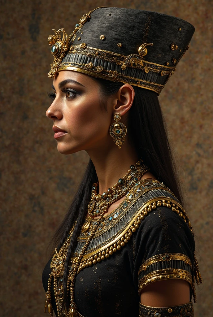 Cleopatra, the magnificent queen with her raven-black hair and intense azure eyes, stood before an opulent backdrop of golden furnishings and vibrant Egyptian tapestries. In her hand, she cradled the methuselah asp, its hooded head poised and ready to strike. A sense of mournful resignation weighed heavy upon her regal features, her expressive brows furrowing with sorrow as she gazed at the cruel instrument that would soon end her earthly existence. Her royal attire, dripping with precious jewels and elegant fabrics, belied the tragic fate that awaited her. The once mighty queen, who had ruled with unyielding