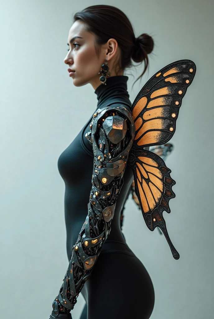full body shot from behind showing wings attached to a beautiful back of the cyborg with brown hair, intricate, elegant, highly detailed, majestic, digital photography, wings attached to the back, art by artgerm and ruan jia and greg rutkowski surreal painting gold butterfly filigree, broken gsterpiece, sidelighting, finely detailed beautiful nightmare:1.2), hdr, god rays, ray tracing, Realism, best quality, 16k, highres, textured skin, super detail, shot from behind.