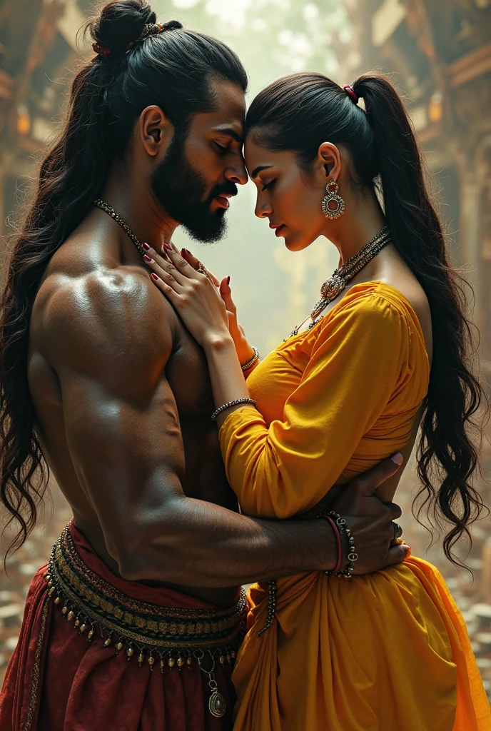 Hot Indian woman, sexy high slit dress, lifted by tall, muscular african man infront of indian man,outdoor