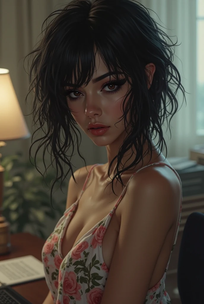 A beautiful woman looks through the window of a futuristic room in the futuristic spacecraft at the jungle in the distance. The woman has (white skin), pale skin, juicy lips, large green eyes (afro curly black hair). His face is close to the glass, his hands resting against the glass. You can see the fatigue on the face. face in profile, Profile photo, shoulder frame. Perfect hands,wrapped in a sheet, She is naked, wet skin. The interior of the futuristic ship is white and black. Bright morning light