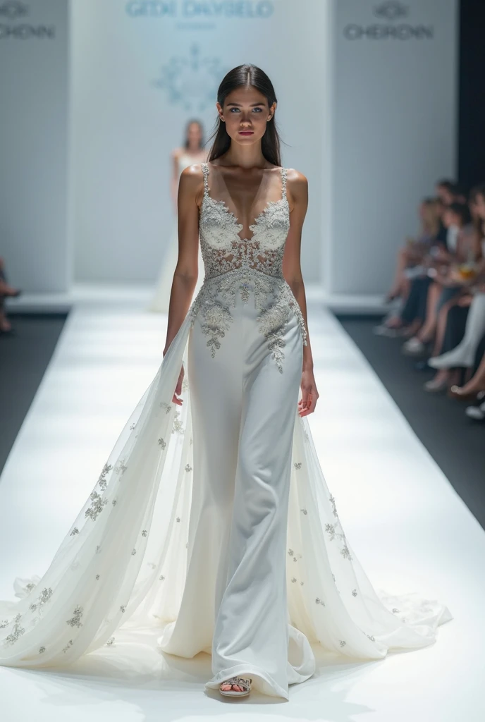 (Best quality, 8k, 32k, Masterpiece, UHD:1.2), Photo of cute tall Italian woman, blond woman, sexy, big breasts, very short hair, high heels, solo, Imagine a fashion runway scene with a female model poised elegantly on the catwalk. She is dressed in a long, flowing gown that blends classic and avant-garde elements. The dress features intricate designs or appliqués, with a color that is either soft pastel or vibrantly rich, depending on the desired mood. Accessorize her with elegant gloves, a sophisticated necklace, or striking earrings to complete the look.

For the background, opt for a minimalist setting to highlight the model and her outfit. Use a solid-colored backdrop with soft lighting that contrasts with the dress color, creating an appealing visual effect. If the dress is bright, consider a light gray or white background; for a pastel dress, a dark blue or black background could be more striking. Optionally, include subtle decor elements like flowers or abstract patterns, but ensure they are understated so as not to distract from the model. sexy dress





