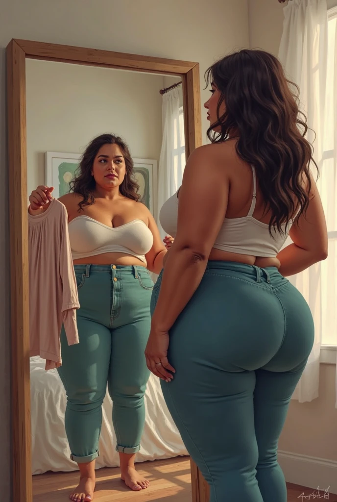woman taking a picture of herself in the mirror in the bathroom, seen from the back, shot from the back, taken from behind, full body picture, back view!!, back view also, full growth from the back, in full growth from the back, photo taken from behind, very very low quality picture, photo from the back, centered full body rear-shot, big ass, huge ass, bbw, from behind, thick, thick thighs, wide hips, bbw, big , sideboob, giant ass, back view, big butt, round butt, tight underwear, filipina underwear halfway off, underwear taking off, grabbing ass, ass spilling over underwear, too thick for clothes, looking left, leftwards, naked, no clothes, no pants, naked, ass is uncovered