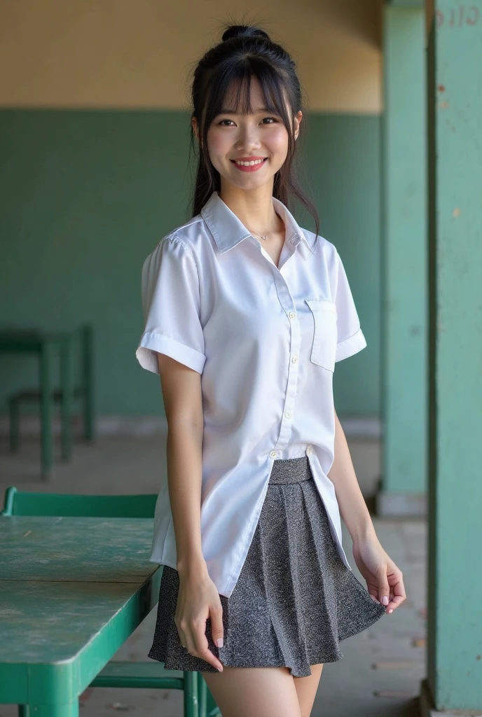 Browsing Caution, nsfw, masterpiece, highest quality, 8K, Young beautiful girl, Baby Face、((Clothed medium Tits:1.3)), photo shoot, Cute face, Thighs, Classroom after school,  Embarrassing, smile, No makeup, Ten generations, Detailed face, Background bokeh, Long Hair, Black Hair、((((((10 years old))))))、Narrow waist, Japanese Uniform、((White shirt, Checkered mini skirt, White small panties))、Lift skirt, knee-highs, looking at viewer, 