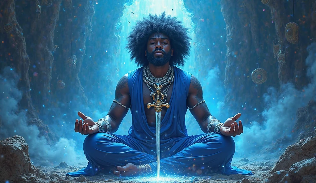 A Brazilian warrior in a meditative pose, with his large sword to the right of his eyes, flames of blue emanate from his eyes and hands., Around him, candles and a large golden Buddha image to the left. 8k background, a circle of blue light power with many holistic Reiki symbols, symbolizing a portal.