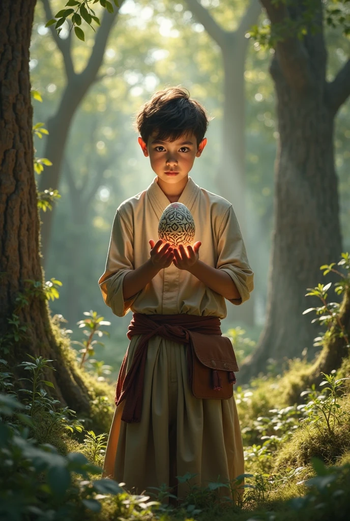 Din is a 13-year-old boy with fair skin and delicate features. He is very handsome with spiky brown hair and a purple gi, He is wearing pants that match the GI and is looking at a magical artifact that is a small bright purple ball floating in his hands. Ele fica ali observando seu brilho que se espalha por toda a imagem em estilo anime detalhado.