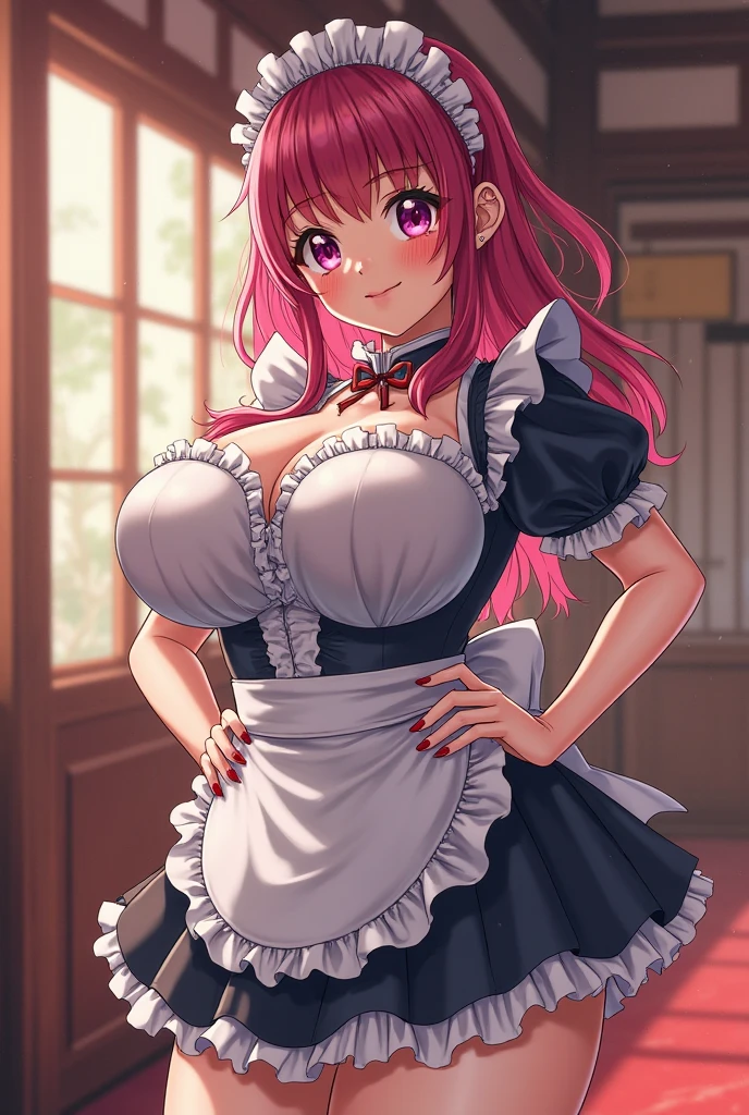 masterpiece, best quality, HD, 4K, Ultra-high resolution, Extreme Detail, Super detailed,beautiful eyes, beautiful hair, Beautiful side, beautiful skin, reality, Arima Kana, Redhead,short hair, red eyes, big breasts, Kimono maid, arms in front spread arms,ahegao, blush, sweat, Charming smile, Close-up, Look at the viewer