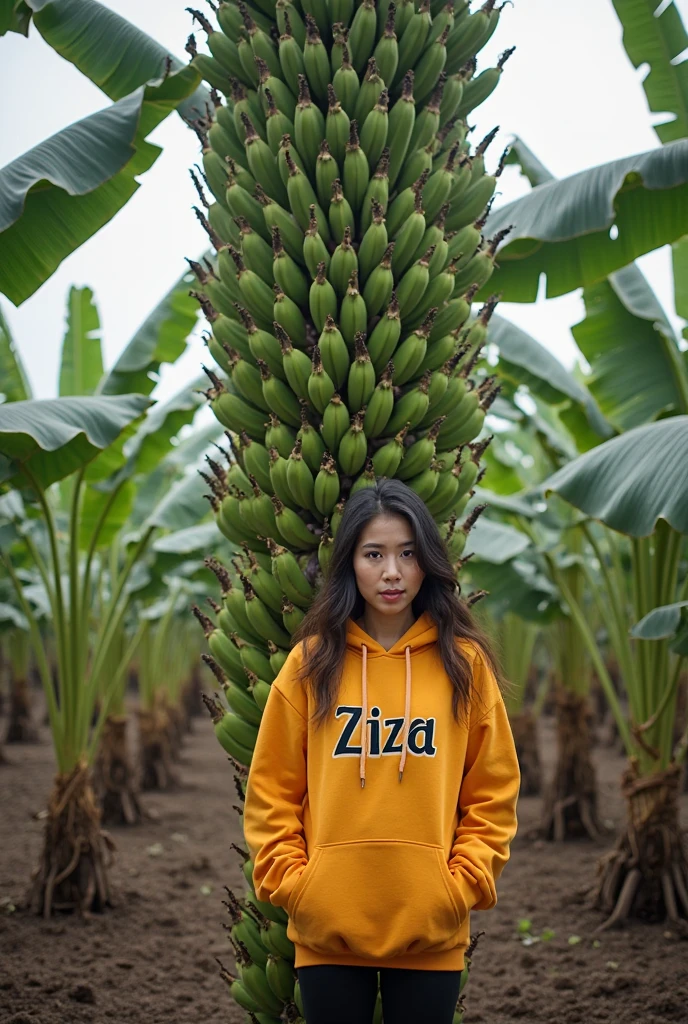 beautiful Korean woman wearing a hijab, wearing a yellow crop top t-shirt that says MANPOL, holding a large and long banana, at the end of the banana there is thick white milk melting, white background