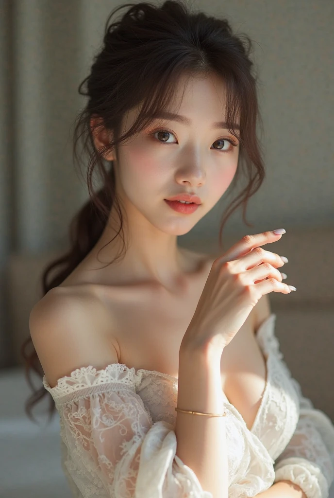best qualtiy, tmasterpiece, 超高分辨率, realisticlying, 1girll, bshoulders, ssmile, Oversized_Sweater, gentlesoftlighting, Delicate skin, brown hair,(Beautiful breasts),
