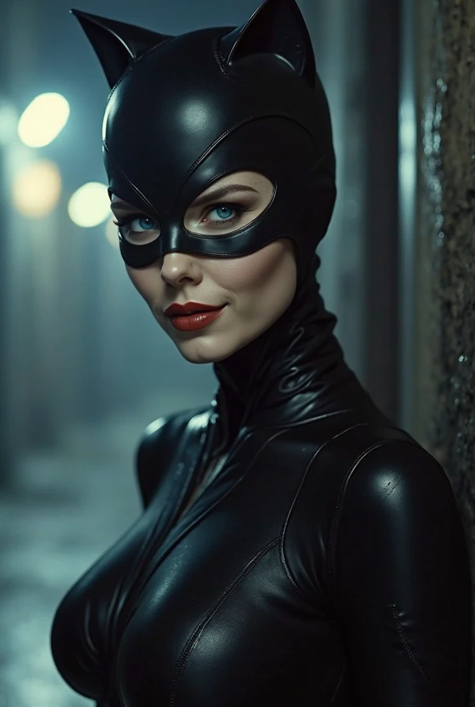 cinematic film still of <lora:Catwoman 1992:1>
Catwoman a woman in a cat suit posing for a picture tim burton style,1girl,solo,breasts,upper body,lips,bodysuit,makeup,mask,lipstick,black background,skin tight,realistic,black bodysuit,latex,black theme, claws, 1990s, shallow depth of field, vignette, highly detailed, high budget, bokeh, cinemascope, moody, epic, gorgeous, film grain, grainy
