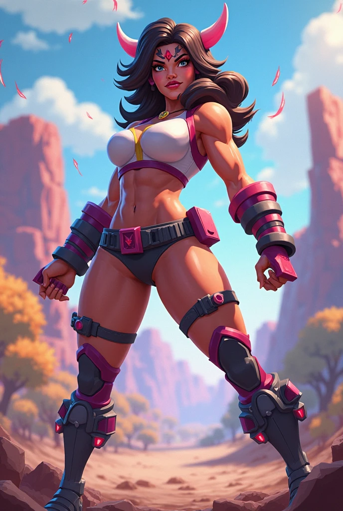 (masterpiece:1.2), (best quality:1.2), perfect eyes, perfect face, volumetric lighting, 1girl, 1boy mature female, hand on hip, flexing biceps, long hair, purple hair, seductive smile, blush, sweat, bikini armor, soldier \(dq3\), winged helmet, red armor, abs, toned, wide hips, thick thighs, huge breasts, sky, detailed background, ((sunset ambiance light:1.0))