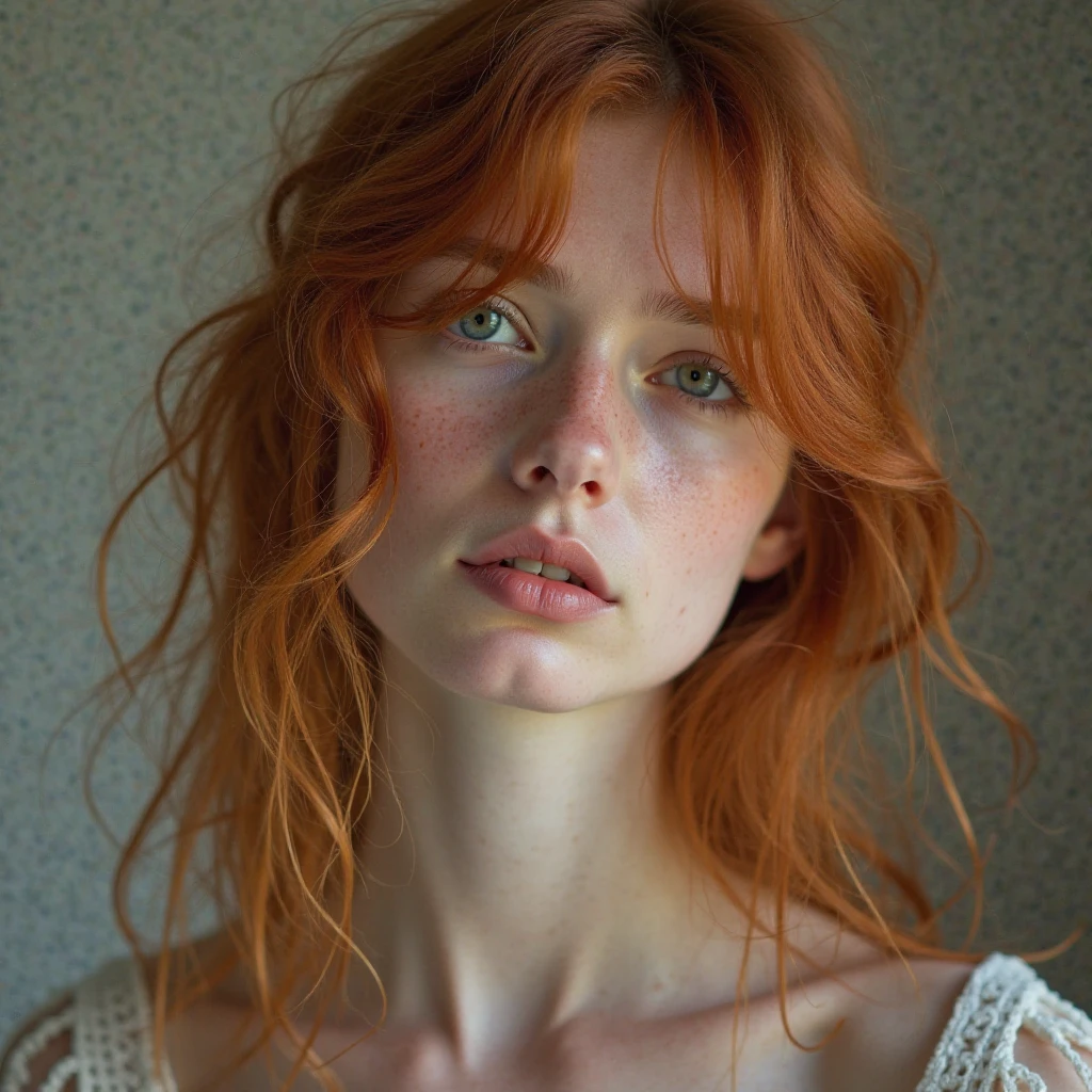 1 garota em, 19 anos, Sozinho, Aesthetic art, Irish, cabelo loiro morango ondulado, Hair to the shoulders, olhos cinzentos, olhos cinza claro, algumas pequenas sardas, pale skin, corpo de corredor, (Pele Texturizada, poros da pele:1.1), arrepio, wearing a cardigan with nothing underneath, no bra, seios expostos, pose sexy