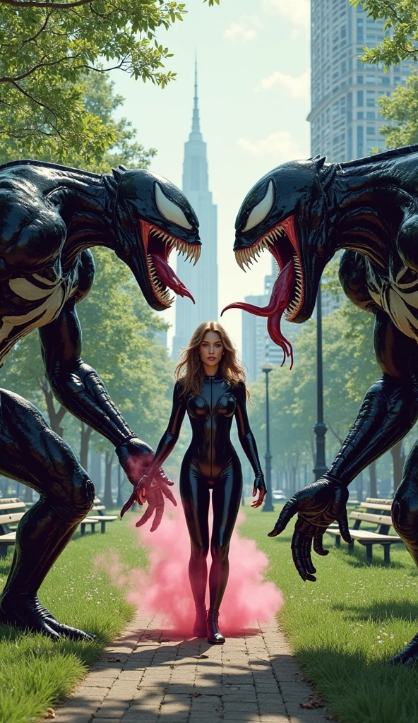 a woman, big cleavage busty, in a pink dress standing next to a monster, venomized, venom fangs, symbiote, giga chad, emma watson as giant man, female superhero proportions, accurate fictional proportions, size difference, venomfang, venom symbiote, giga chad capaybara, venom, incredibly strong and tall, venomize, my dress-up darling