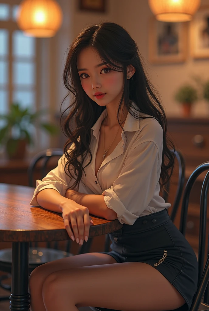 American blazer uniform girl ((White blouse with formal collar, Blue blazer, Blue plaid skirt, Red checkered ribbon on blouse)), Complete limbs, Full Finger, 
((((Inside the Starbucks store))))、16 year old female student、((Eat cake、Drink coffee、smile))、Heart Necklace、Gold bracelet
(((Emphasize cleavage)))
(((Woman sitting at the window seat)))
