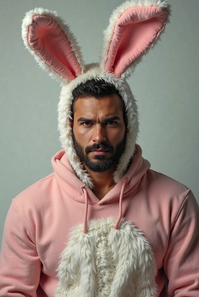 2boy, 1couple, facial hair, male focus, bulge, pectorals, bara, muscular, mature male, muscular male, abs, beard, nipples, short hair, navel, stomach, large pectorals, thick eyebrows, bare pectorals, fair-skinned male, superhero costume, erection, thighs, erection under clothes, animal hood, dark skin, open clothes, hood, p bodysuit, pectoral cleavage, cowboy shot, feet out of frame, thick thighs, looking at viewer, fake animal ears, rabbit costume, masterpiece, 4k, high quality, highres, absurdres,