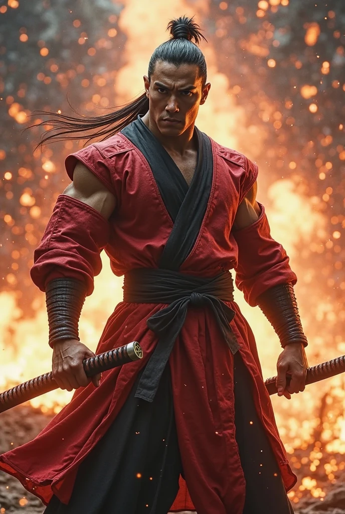 best quality,Ultra-fine,warrior samurai or samurai male in water ,Air,One hand holding a katana,Face mask,fighting,Dodge,avoid,lifelike,photorealism:1.37),bright colors,clear focus,Defocused,(fantasy:1.2),(mystical landscapes),(dynamic poses:1.37),(intense gaze),(Extraordinary power),(the power of myth),black and red, hyperrealism, very detailed skin, 4k, inkpunk style, great lighting, cyberpunk style,, rainy day,Wounds on the body,splash