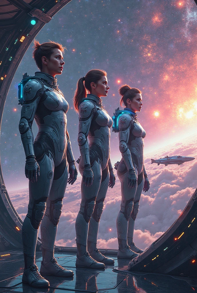 Highly detailed RAW color photographs, back corners, full body, (female space soldier, wearing red and white spacesuits, helmets, colored masks, rebreathers, prominent trophies, China), outdoors, (leaning on a balcony, looking at advanced alien structures), toned body, big ass, (sci-fi), (mountains: 1.1), (lush green vegetation), (two moons in the sky: 0.8), (highly detailed, ultra-detailed, complex), (Lens flare: 0.7), (Flood: 0.7), particle effects, ray tracing, cinematic lighting, shallow depth of field, shot on Sony a9 II, 50mm wide-angle lens, clear focus, motion picture film from gravity 2013