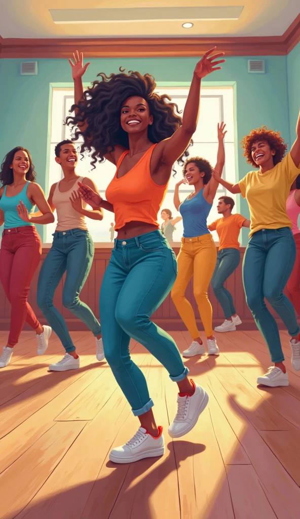 Image with 14 cartoon women going to the gym on a color explosion background