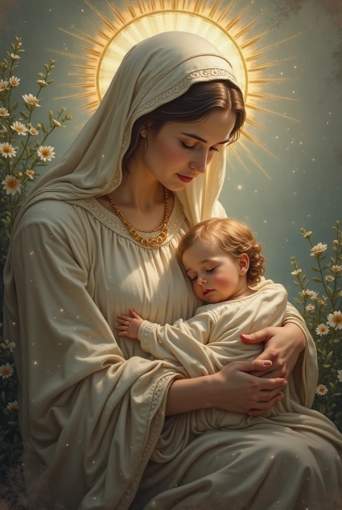 A beautiful Virgin Mary, exposing one breast to breastfeed the  Jesus.