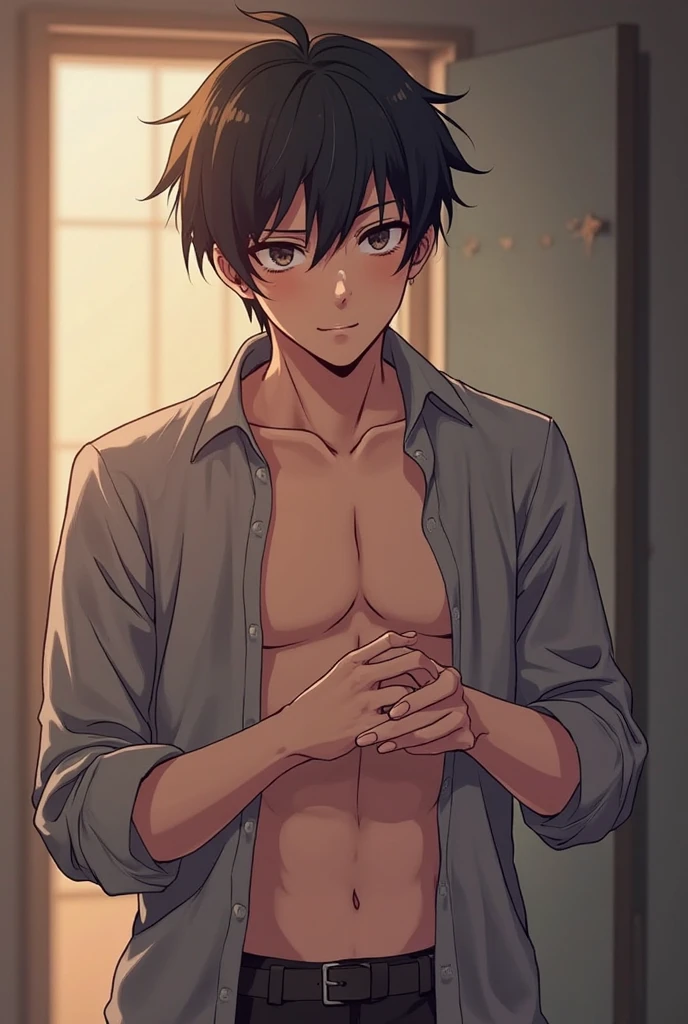 score_9,score_8_up,score_7_up,score_6_up, source_anime, 1boy, young boy, black hair, short hair, black eyes, pale skin, skinny body, button up shirt, white shirt, unbuttoned shirt, nipples, standing outside a house's front door, seductive smile, solo