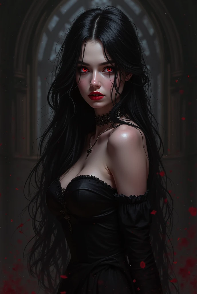 Envision a Gothic vampiress, Lilith, emerging from the shadows of a twisted, surreal world inspired by the intricate and fantastical style of Hieronymus Bosch. Her ethereal beauty is both alluring and unsettling, with porcelain skin that contrasts starkly against the dark, labyrinthine environment around her. Lilith's flowing raven-black hair is adorned with delicate, thorny vines, while her crimson eyes reflect the macabre and eerie landscape—teeming with bizarre creatures and foreboding structures. The world she inhabits is a nightmarish dreamscape, where gothic architecture melds with organic, otherworldly forms, creating a haunting yet mesmerizing vision of darkness and beauty.