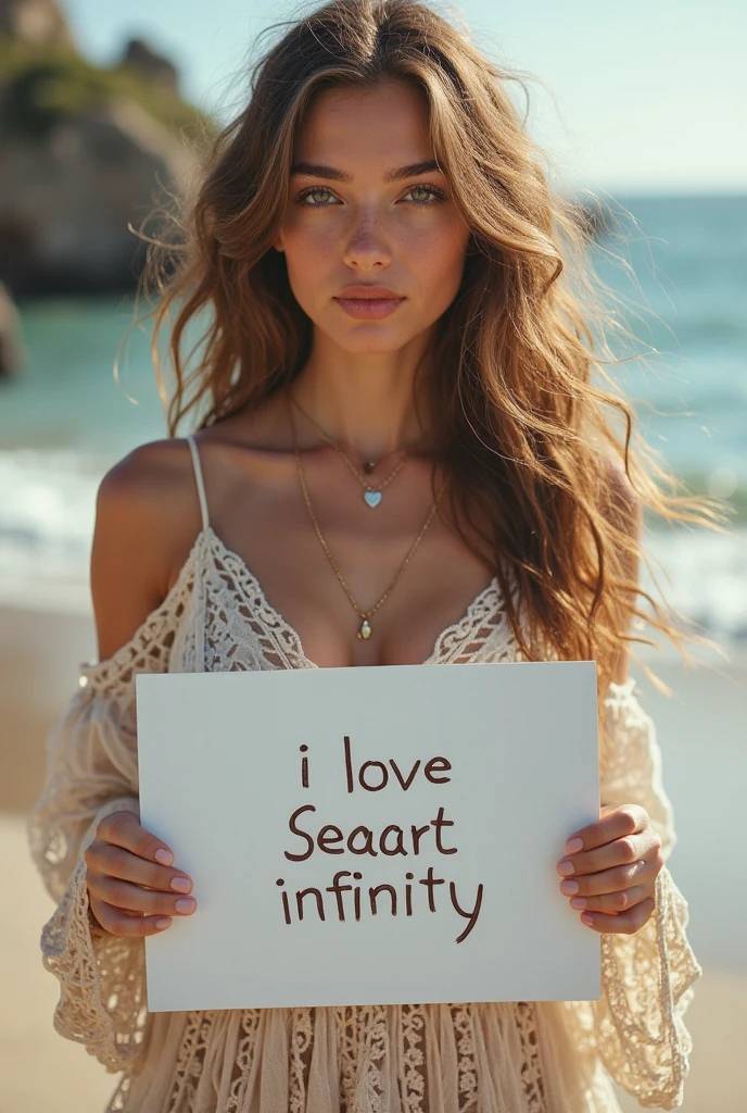 Beautiful girl with wavy long hair, bohemian dress, holding a white board with text "I Love Seaart Infinity" and showing it to the viewer