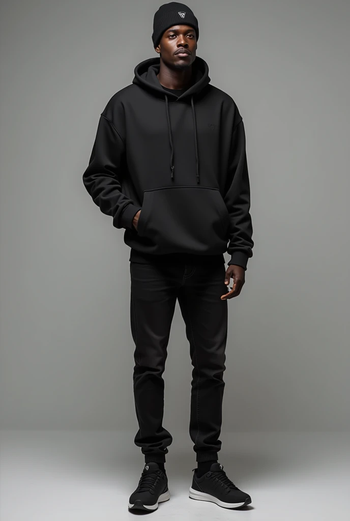 20-year-old man with black skin, dark brown eyes, long black wavy hair, wearing a black swedshirt with black jogger pants and black military sneakers, standing on a black background looking forward