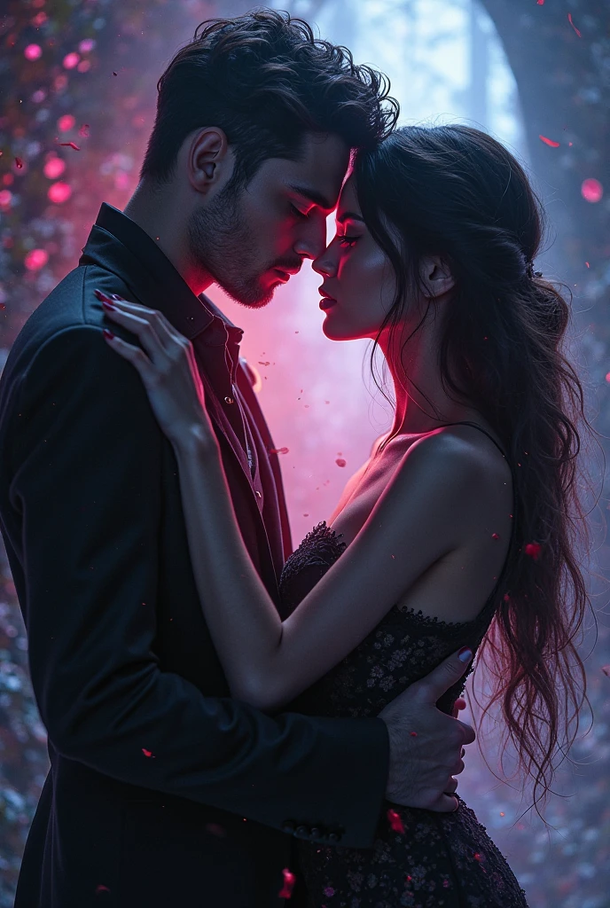 A ( handsome man , black suit , Magical glowing blue eyes he is using his Hypnotic eyes on a beautiful girl, She Is wearing red colour beautiful,hot and sexy dress,she has long black purple hair , background is off a beautiful mansion but dark ( Full image)
She start walking towards him,she fell on the floor looking so relaxed
The man touching her lips