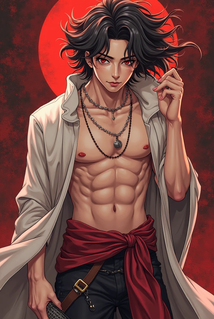 A man, murderous, thin and athletic body, very white and pale skin, unkempt and messy long hair, bright red eyes, black and worn clothes, torn clothes, small blood stains, in a dark room