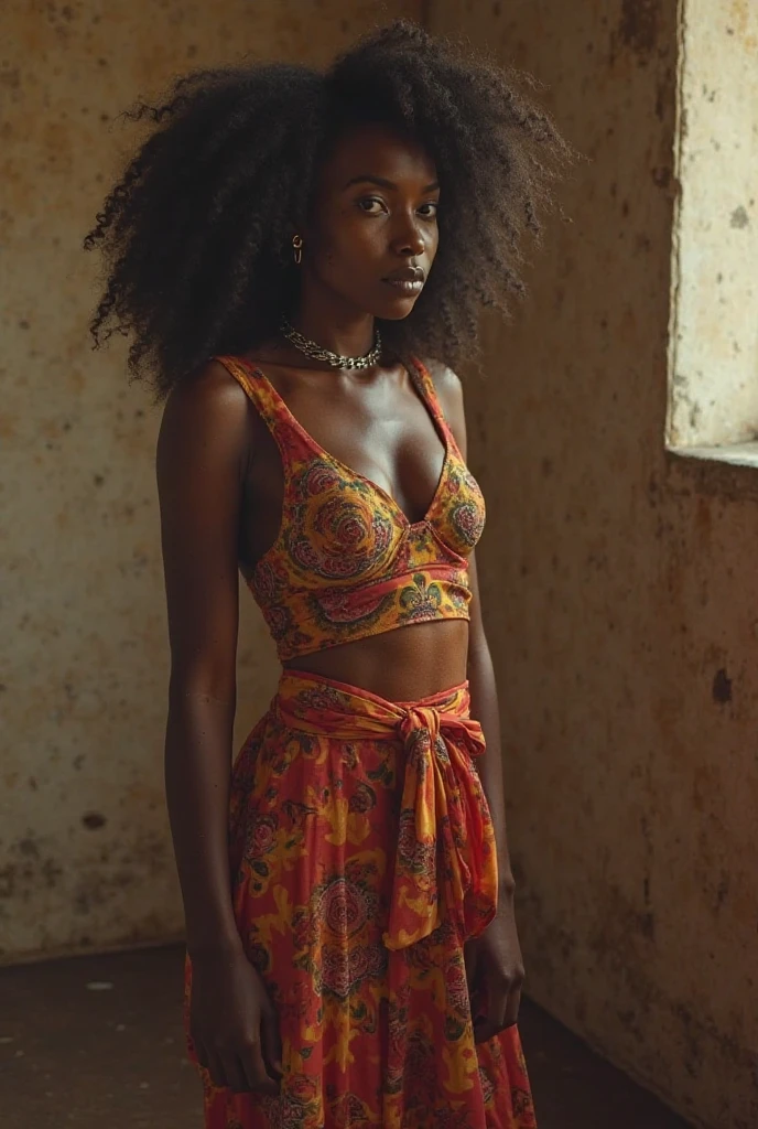 Beautiful woman, 21 years old, from São Tomé and Principe, Portuguese ancestry, traditional clothing