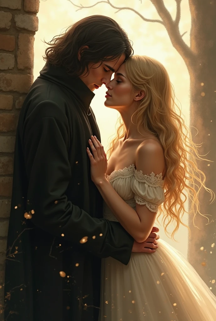 Create an [Comic book Luis Royo art style] iconic love kiss from the movie gone with the wind, passionate couple of a dark-haired man (henri cavil) and a blond girl with [detailed linework], [dynamic shading], and [rich colors]. The young blond girl have [full body], blue eyes [expressive facial features] and [fluid body movements], with close attention paid to [her black liquid sensual dress with black lace veil], (fabric with intricate pattern:1.2), [heart-shaped] face, [delicately proportioned], with a [small nose] and [high cheekbones], full lips, [shinny blond straight medium hair styled], [black eyeliashes and brown], long, full eyelashes that add to her feminine charm, [slim petite body], neck exposed by the hair in a chignon, Lili from the movie Legend, fairy. The man has black hair, dark detailed eyes with shadows on the scleras, pale skin, dark clothes with dark light armor, Henri Cavil.  [dark cave background] [dark atmosphere]  should showcase [visible skin pores] that add to the realism. [imperfect, uneven, and irregular skin] should be depicted with [specular reflection], [subsurface scattering], and [diffuse reflection], capturing the [fair skin tone] The image should be captured in [natural light], with [soft shadows] that highlight her. The colors should be [RAW] and [vibrant], showcasing the [tragic] elements of the character, while remaining grounded in a sense of [realism]. Aim for a [photorealistic]. The image should have [intricate details]. The overall mood of the image should be [victorian], [ghotic] with a sense of [magic] and [power].