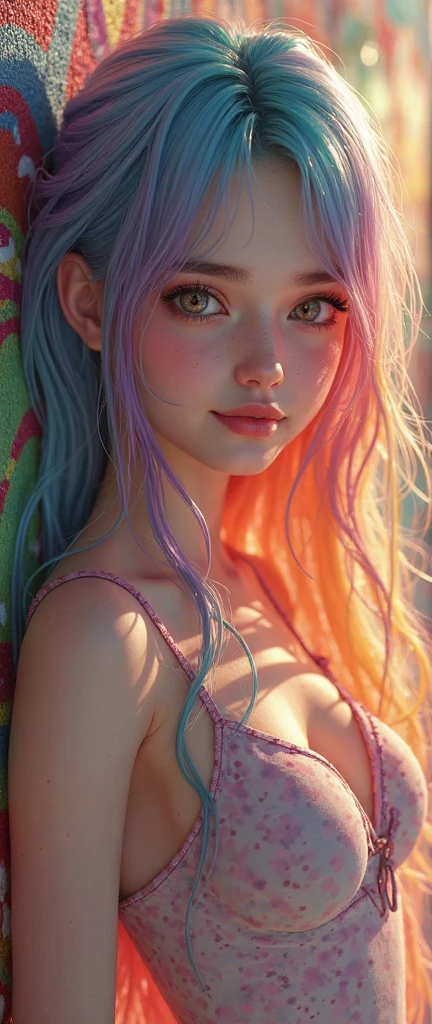 <lora:Nipples XL - All in One:0.85> nsfw, erected nipples, showing face, (masterpiece), best quality, highres, 4k, 8k, amazing quality, amazing shading, soft lighting, ultra detailed skin, ultra detailed face, perfect eyes, small skin imperfections, 35mm, analog style, a realistic photo, film grain, (photorealistic:0.6), taken by a canon eos r5, 1girl, Braids, small boobs, flat chest, Boyish body, hazel eyes, Iridescent rainbow hair