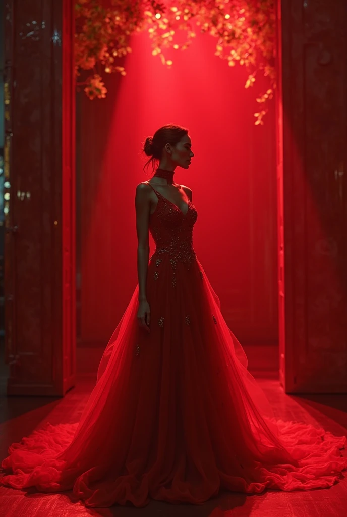 (RAW photos,4K,tmasterpiece,offcial art,统一 8k 壁纸,A high resolution,realisticlying,extremly intricate)Artistically refined,attractive beautiful,immersiveatmosphere,Moody light,enchanting glow,Glowing lights,Amazing aesthetics,dramatic contrast,dynamic angle,Official fine art,Aesthetic and aesthetic,extremely detailed background,Fantasy art,BEST lighting,Dinamic Light,Best shadow,depth of fields,romanticism lain,Fantastic atmosphere,calm color palette,Tranquility,Soft shadows,Traditional principles,Epic composition,(Enchanting aura: 1.1) (Cowboy shot)(Close up)(From the side Side:1.3)(a chinese wedding)(耳Nipple Ring)(Gorgeous jewelry) (rim lit:1.3), (Dimly lit:1.3), (Dark night:1.3), High contrast, Deep shadows, 1girll,Wearing a red and gold dress,Phoenix crown,Solo,Style glass photo,(Bigchest,a narrow waist,Cocked buttocks:1.2),(Bright red lips:1.1)(Traditional Chinese red cheongsam:1.2)(wear like a chinese bride),brunette color hair:1.6,Dark eyes:1.5,Correct anatomy,5 fingers,Cinema lenses,