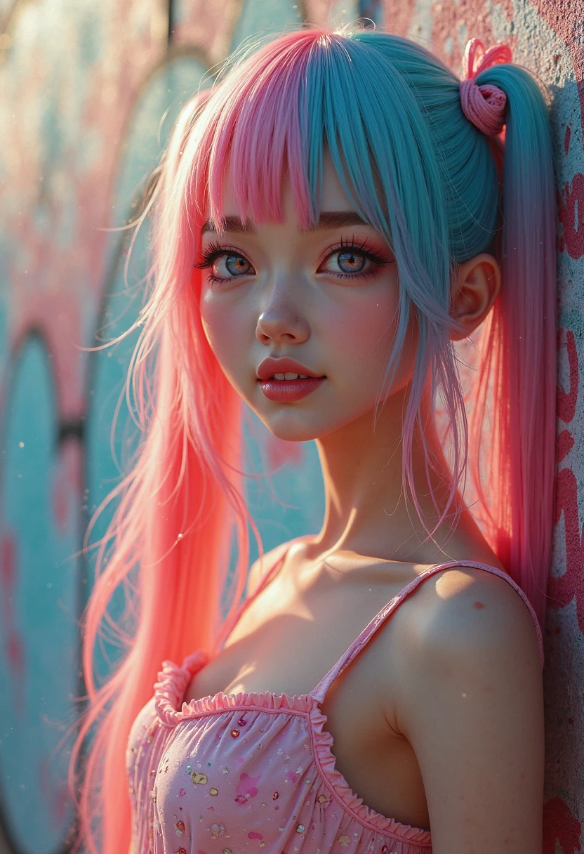 Light blue and pink color scheme，1 sexy girl ，Slender body，white curly hair,　Bright colored camisole