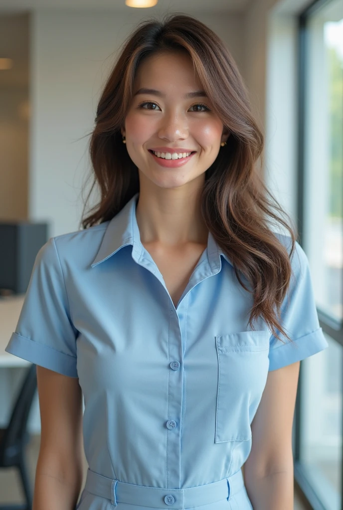 Highest quality, Aster Piece, 8K, Ultra-high resolution, (Photorealistic:1.4), One Girl, Beautiful expression, Symmetrical eyes, Skinny Japanese woman, 30 years old, Small breasts, Narrow waist, High school uniform, Look at the viewers, (Inside the hotel:1.2), View from the front, shoulder, Absolute area(1.3), Laughter,