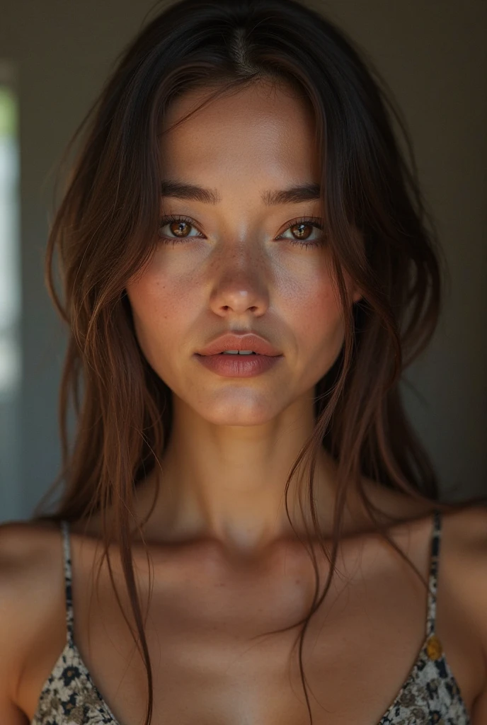 a 23-year-old, straight brown hair,  brown eyes, brasileira, branca,  with delicate face , Beautiful smile and striking and  look