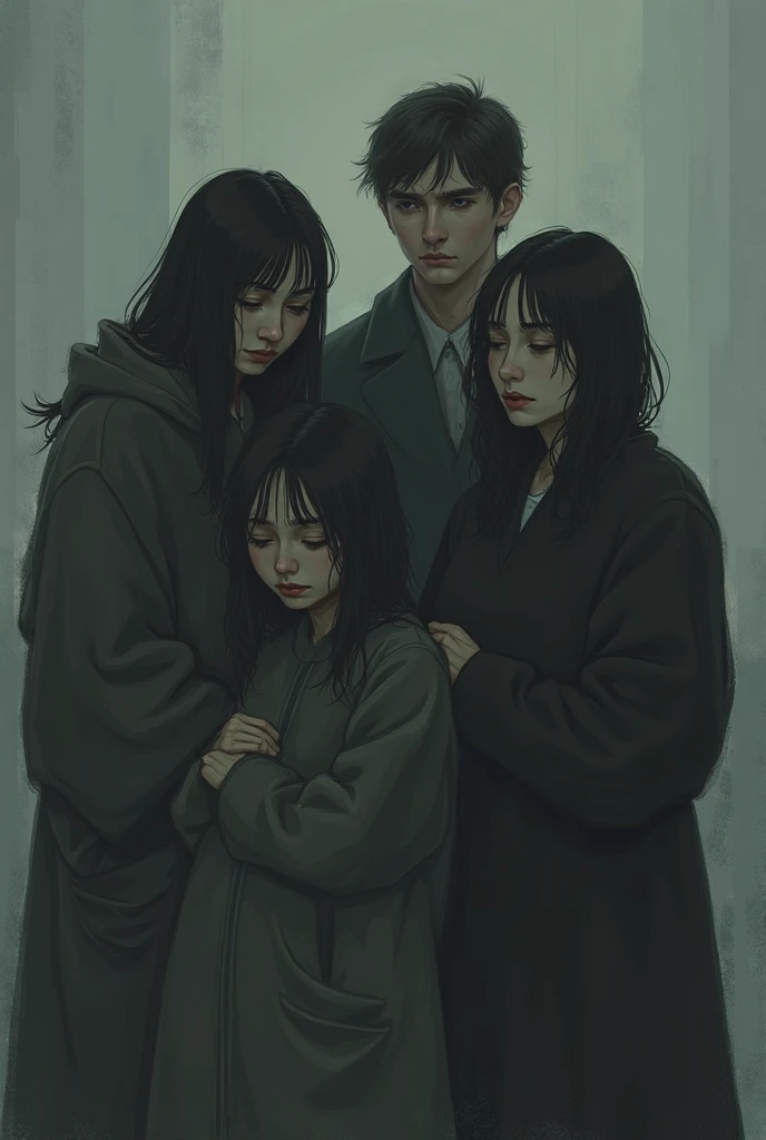Create image of me and my friends. We are crying together.We are girls
One friend is short in height and she have short hair looking blood
Iam a tall person and have long hair
Other friend is medium in height and wear hijab
One is crying others is comforting
