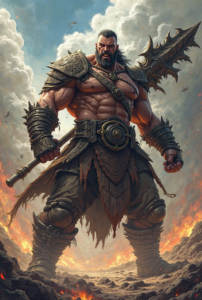 a man with a black sword In a war, Roman battlefield, Angry and fighting, barbarian, barbarian on Roman battlefield, barbarian class, berserker, epic mythology, conan the barbarian, barbarian warrior, conan, male barbarian, frank frazetta8k, fur-clad barbarian goliath, dark epic fantasy, viking berserker, heroic masculine pose, wielding a huge great axe, brom redshift, Fire blood everywhere --auto --s2